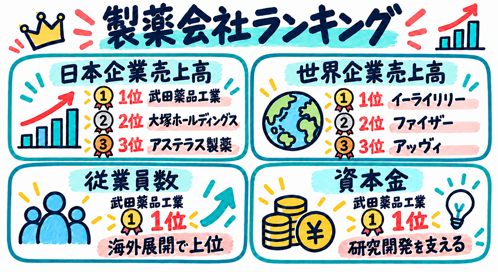 製薬会社ランキングの主な4指標を手書き風にまとめたグラフィック
