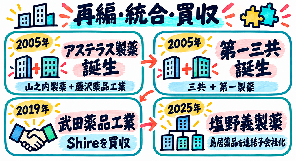 国内製薬業界における主な再編・統合・買収の流れを手書き風にまとめたグラフィック