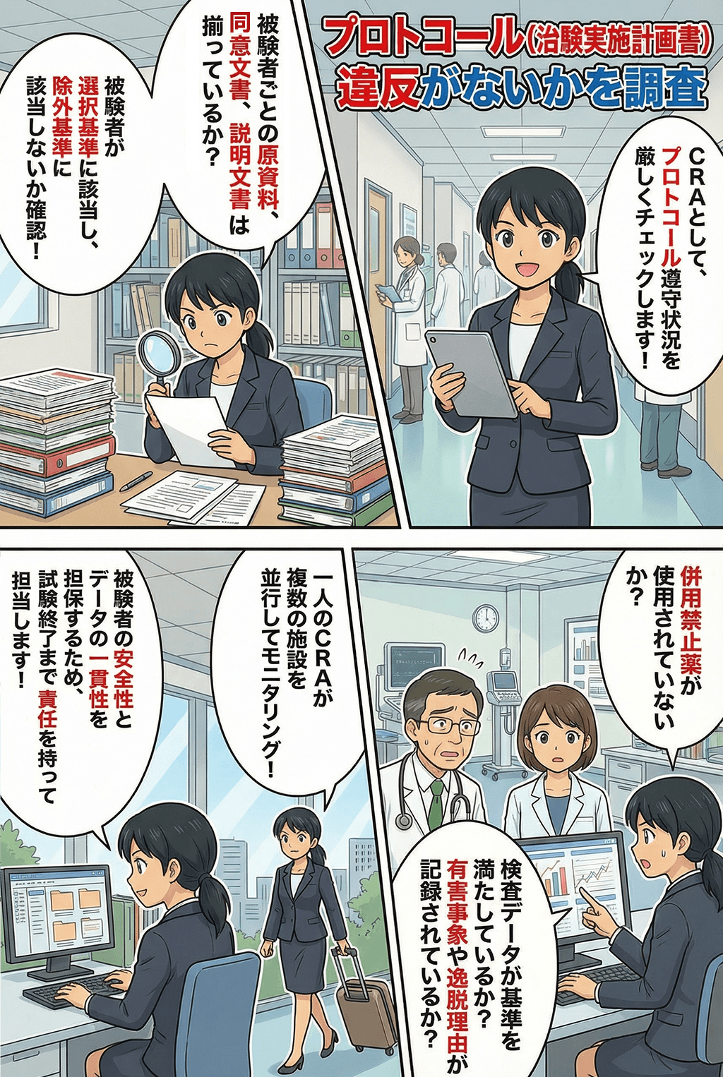 マンガでわかるプロトコール（治験実施計画書）違反がないかを調査